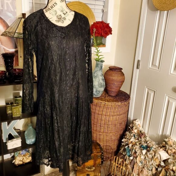 Vintage PASSPORTS  Pier One Black Dropped Waist Plated Dress - Picture 11 of 15